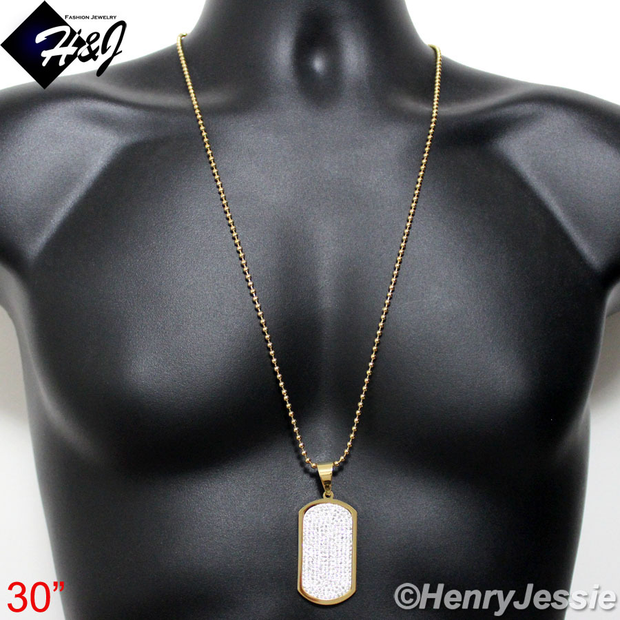 30″Stainless Steel 2.5mm Gold Plated Bead Chain Cubic Zirconia DogTag Pendant*43