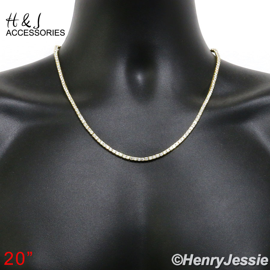 925 STERLING SILVER 17″-28″X3MM GOLD PLATED 1 ROW TENNIS CZ NECKLACE*GN10