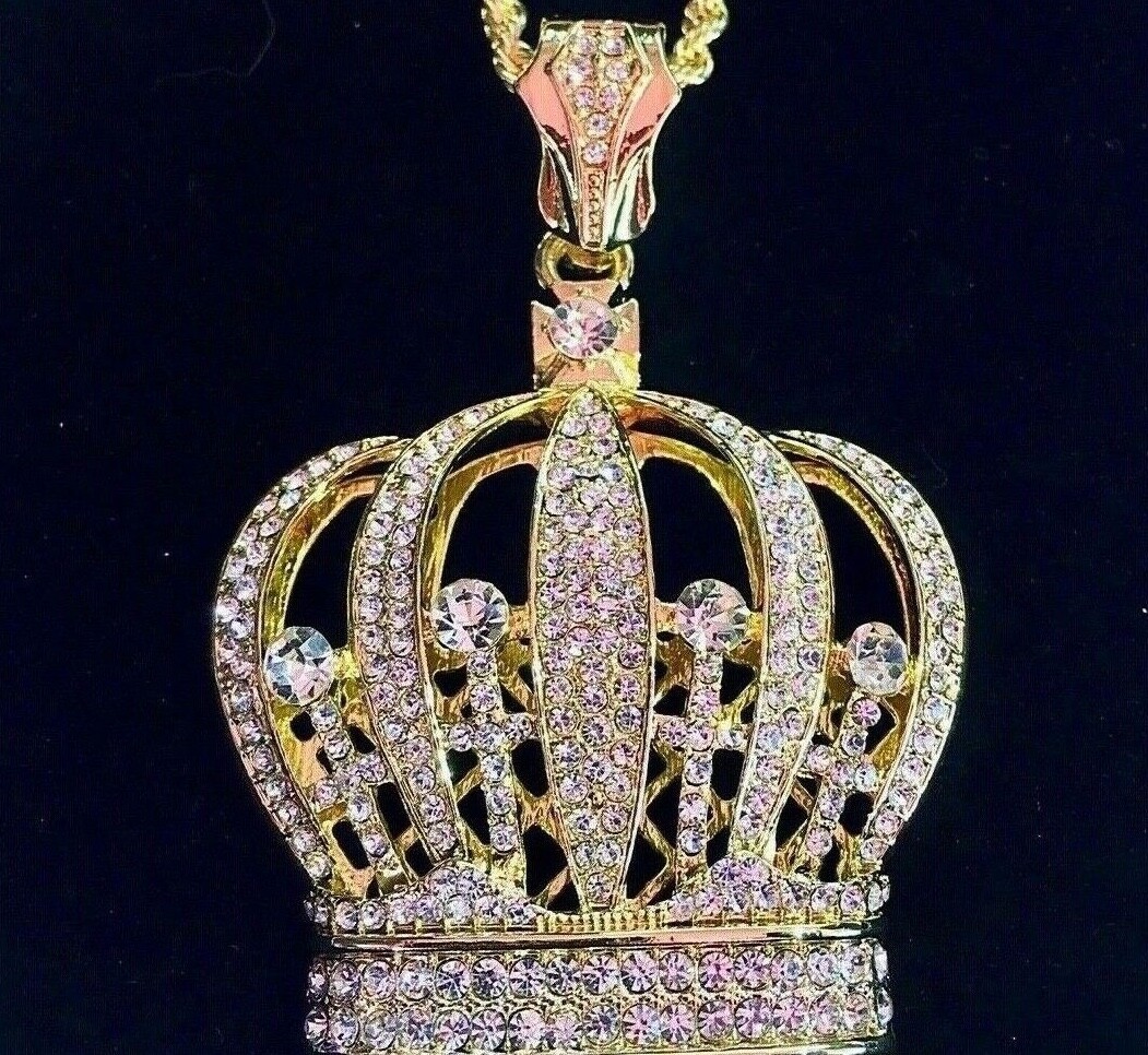 Solid 18K Gold Lab Diamonds BIG CROWN Pendant Chain Necklace *LIFETIME WARRANTY*