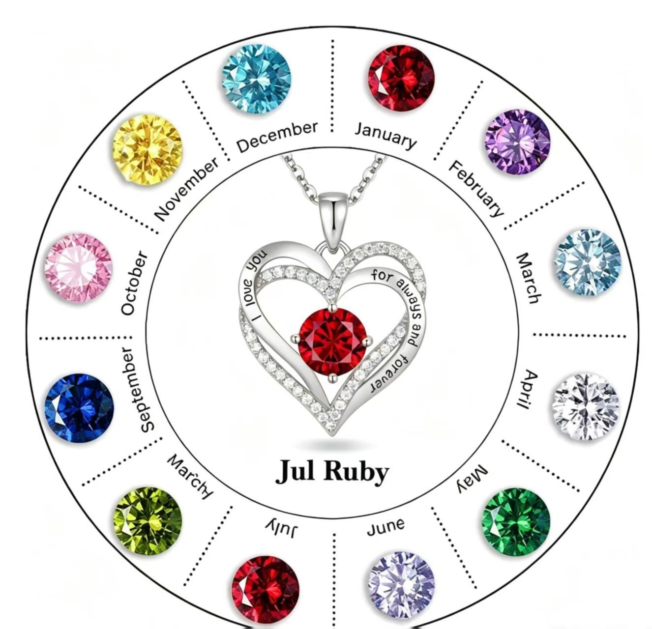 925 Sterling Silver CZ Birthstone Heart Pendant Necklace Forever Love Gift