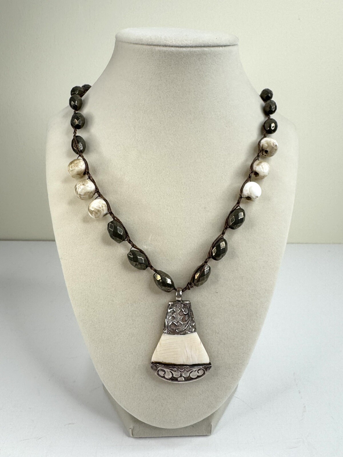 Conch Shell Pendant Necklace Pyrite Smoky Beads Silver Tone Boho Artisanal