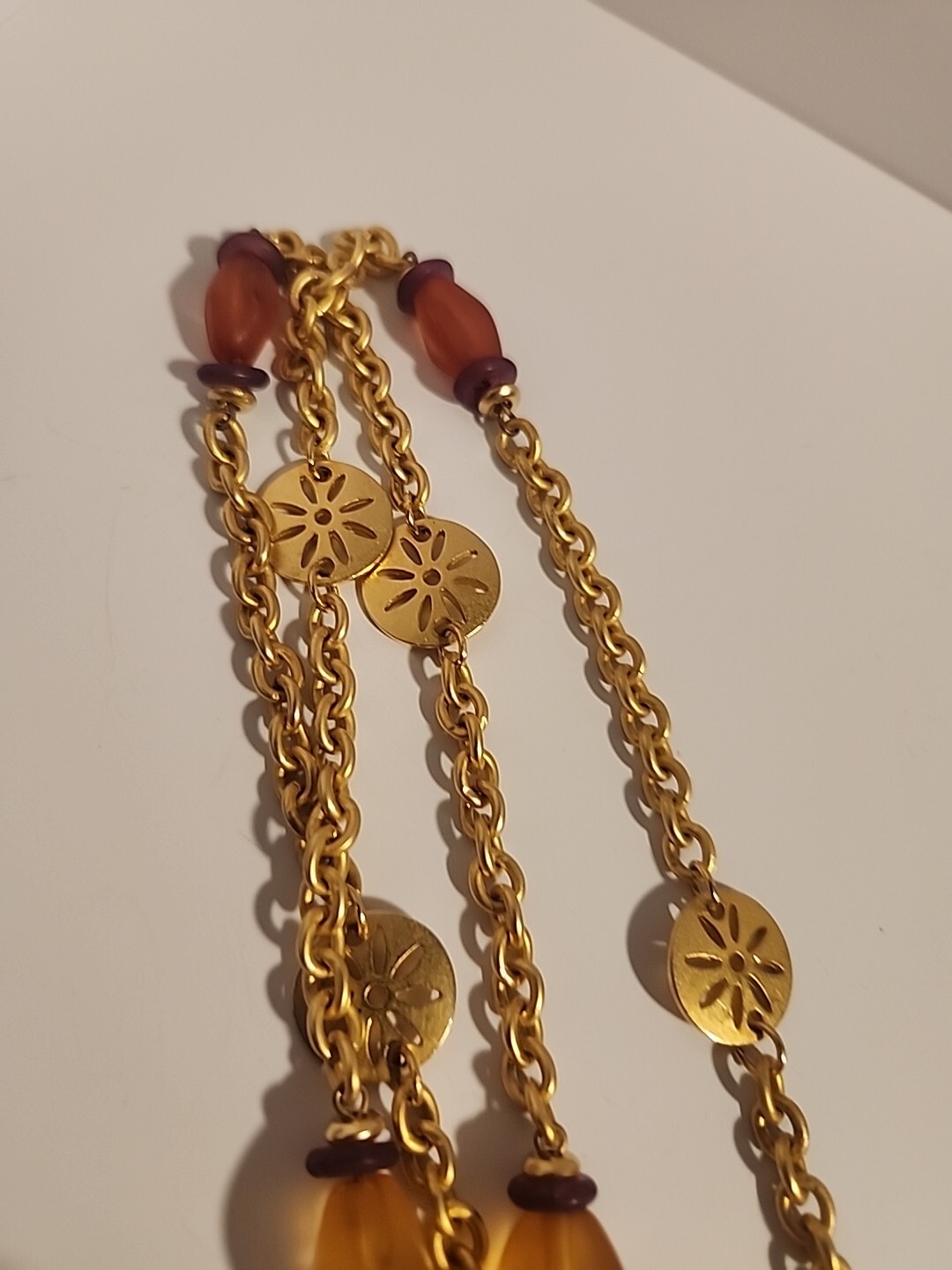 Vtg Liz Claiborne Purple Vase Gold Bakelite Bead Necklace 36″ Long