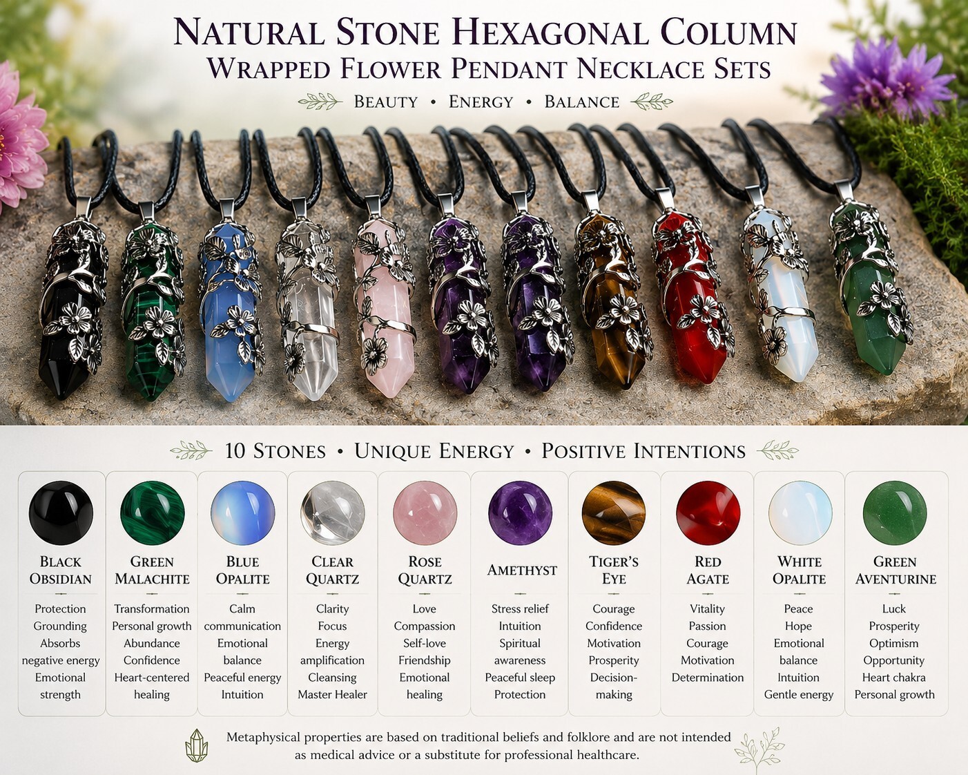 Natural Stone Hexagonal Column Shaped Wrapped Flowers Pendants Necklace Set