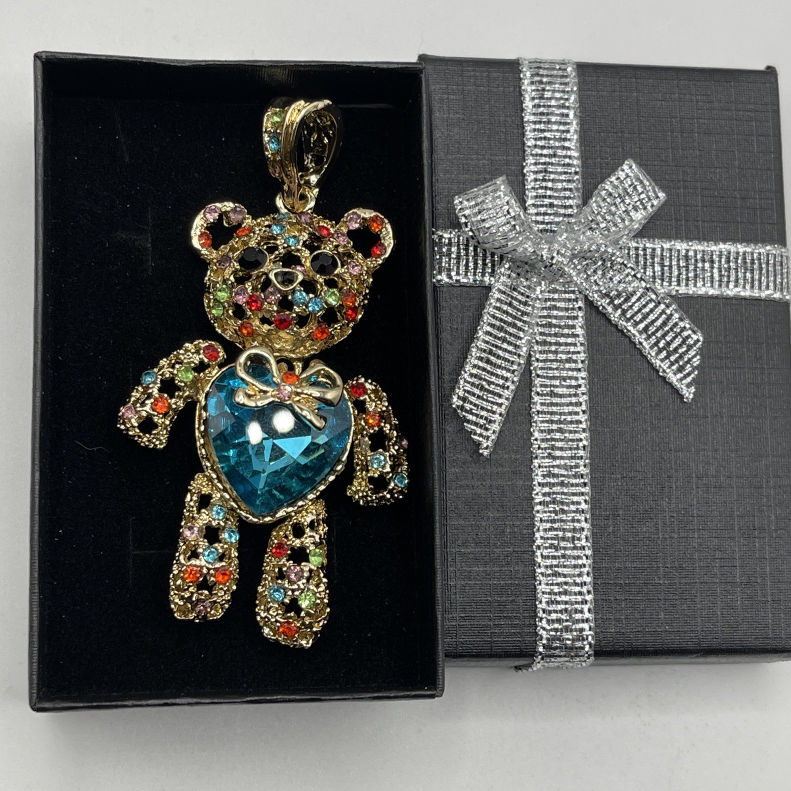 14k Gold Plated Teddy Bear Pendant Aquamarine Blue Heart Bow Cubic Zirconia CZ