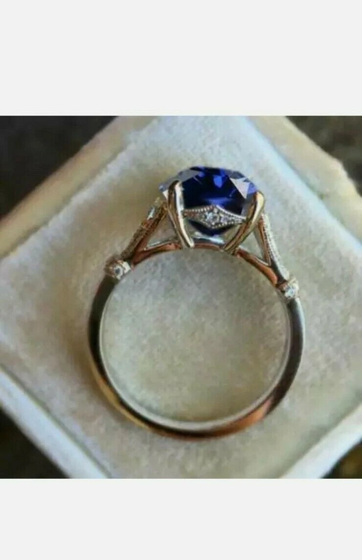 3.20 Ct Round Natural Sapphire Diamond Ring 14K Solid White Gold