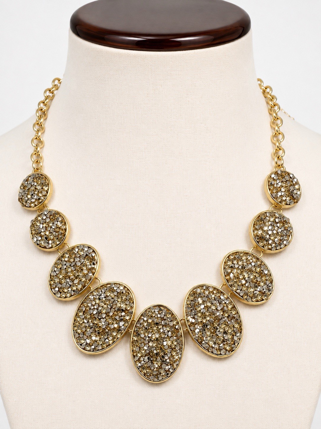 Gold Tone Statement Bib Necklace Oval Clear Crystal Rhinestone Pavé Adjustable