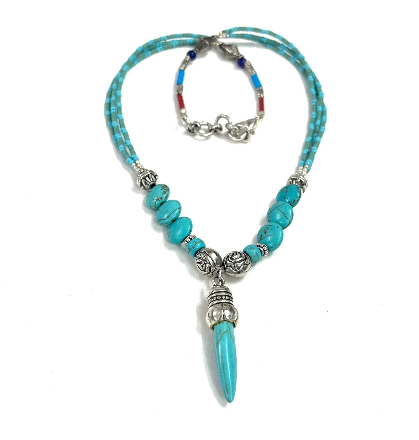 Ethnic Turquoise Gemstone Nepalese Statement Necklace Jewelry, 18 inch