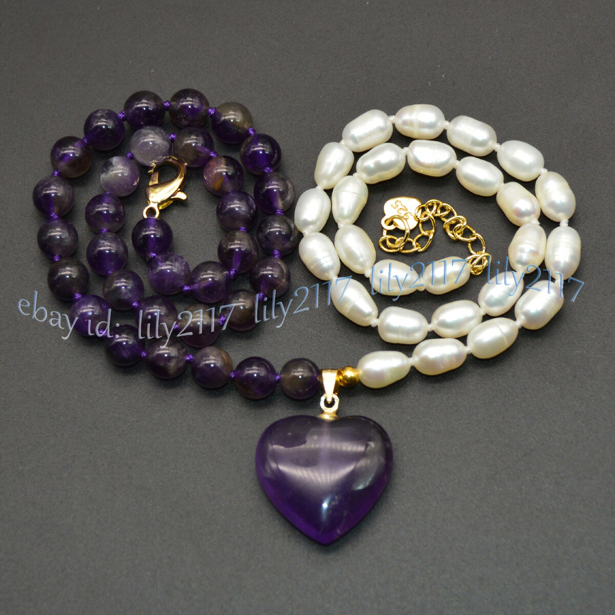 6-7mm White Rice Pearl Natural Purple Amethyst Heart Pendant Necklaces 14-32inch