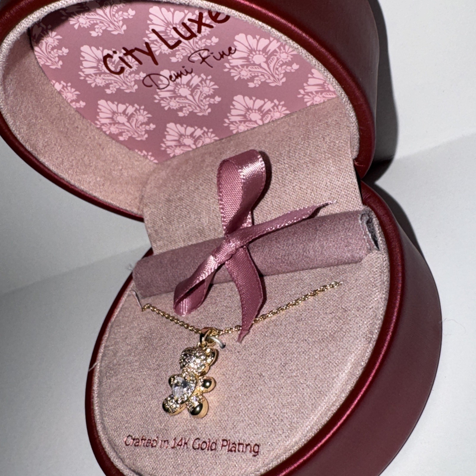 City Luxe Demi Fine Teddy Bear 14 Gold Plating Necklace, Cubic Zirconia Heart