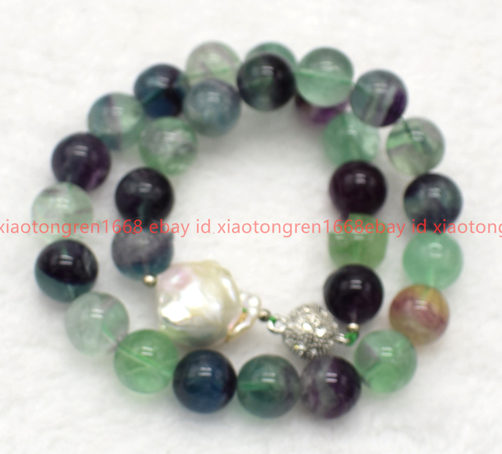 Huge Natural 12mm Multicolor Fluorite & White Baroque Pearl Necklace 16-24in