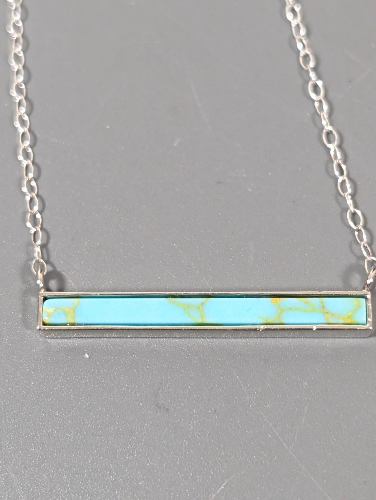 Beachy Boho Coastal Chic Faux Turquoise Bar Chain Necklace Silver Tone 18 in