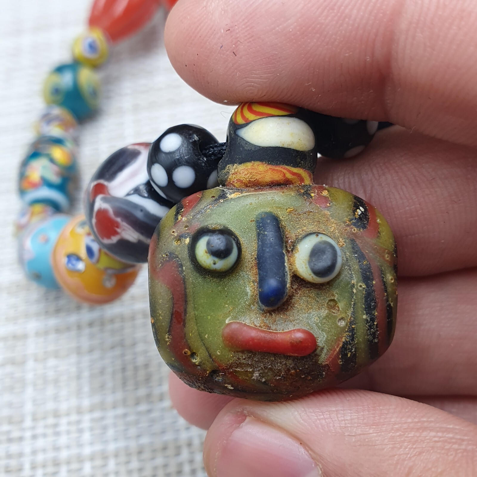 Vintage Venetian Style Mix Glass With Old Face Glass Pendant Necklace