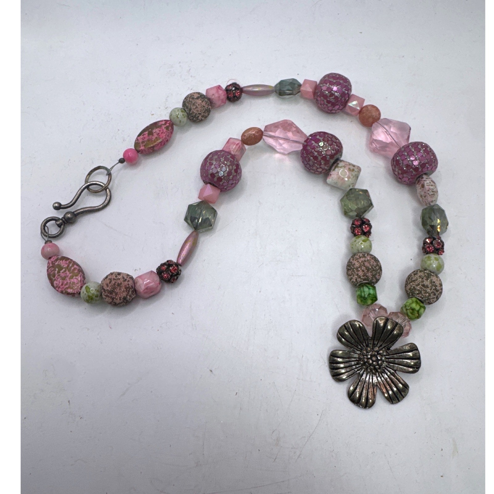 Boho Mixed Bead Flower Pendant Necklace Pink Green Glass Ceramic 23 Inch