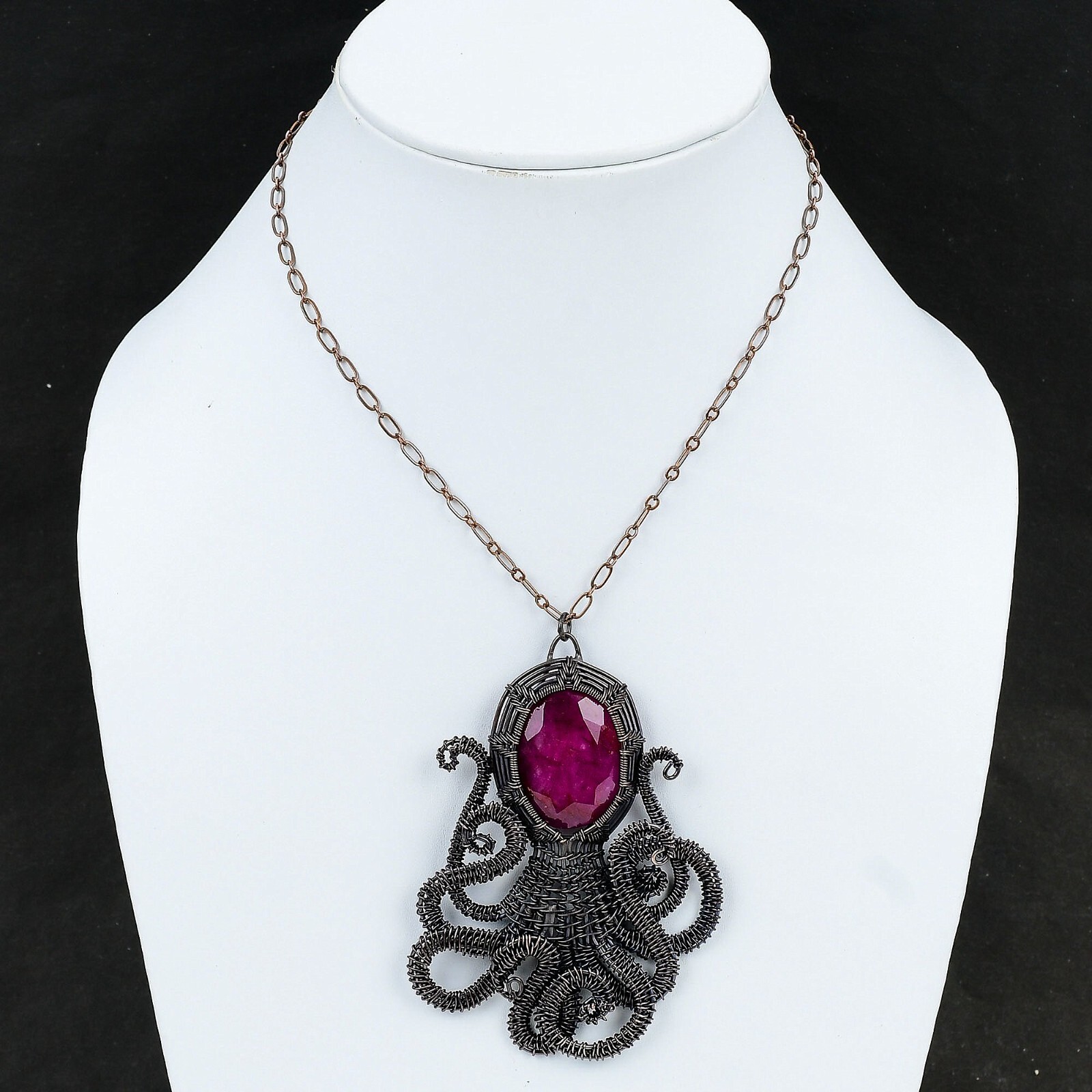 Kashmir Ruby Copper Gift For Bridesmaid Wire Wrapped Octopus Pendant 3.66″