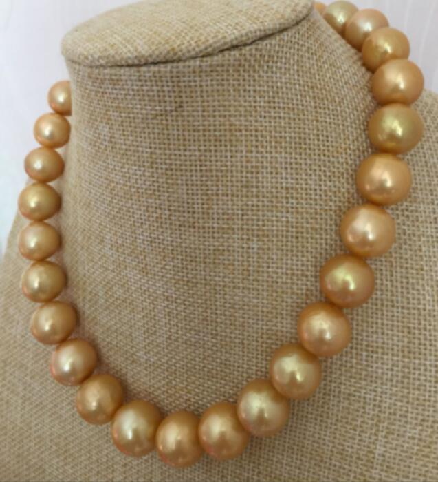 GORGEOUS HUGE 13-15MM SOUTH SEA ROUND GOLD PEARL NECKLACE 18INCH