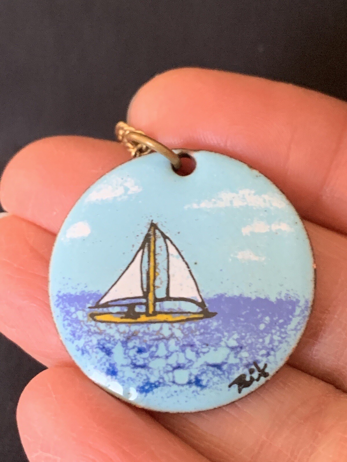 Vintage Great Britain 1964 Penny Pendant With Sailboat Enamel Art Signed 1 1/4″