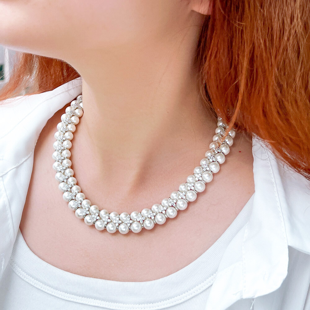 Handmade Pearl Cubic Zircon Multiple Cluster Wedding Engagement Choker Necklace