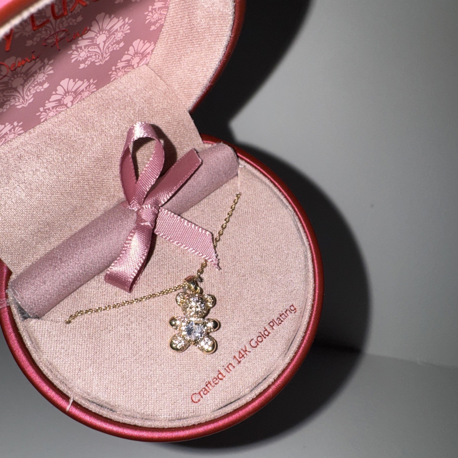 City Luxe Demi Fine Teddy Bear 14 Gold Plating Necklace, Cubic Zirconia Heart