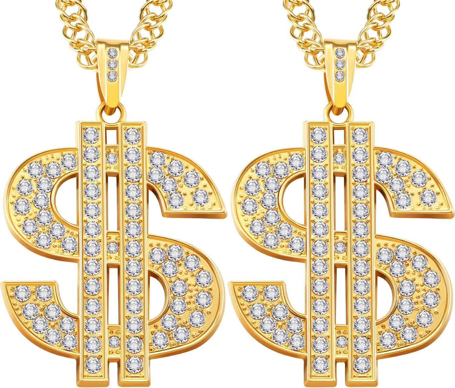 2 Pieces Plated Chain for Men with Dollar Sign Pendant Necklace, Hip Hop Dollar