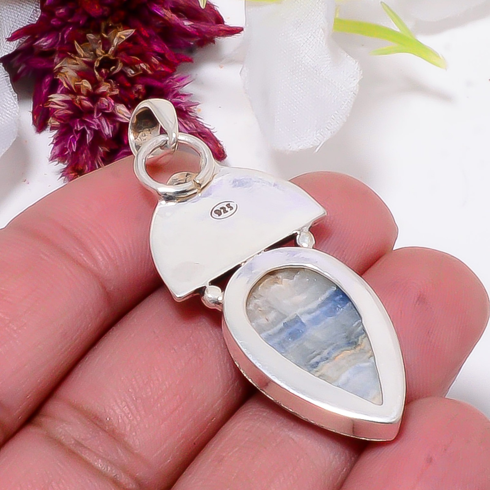 Blue Scheelite – Turkey & Rainbow Moonstone 925 Sterling Silver Pendant 2.03″ S9