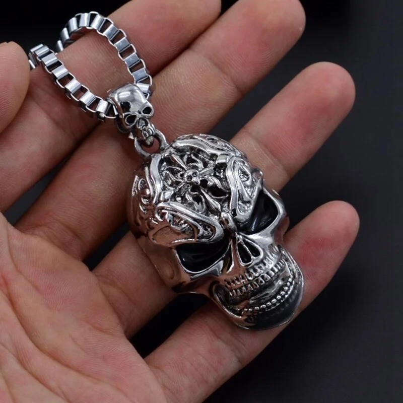 Mens Large 2″ Sugar Skull Metal Pendant Necklace 22″ Box Chain Biker Punk
