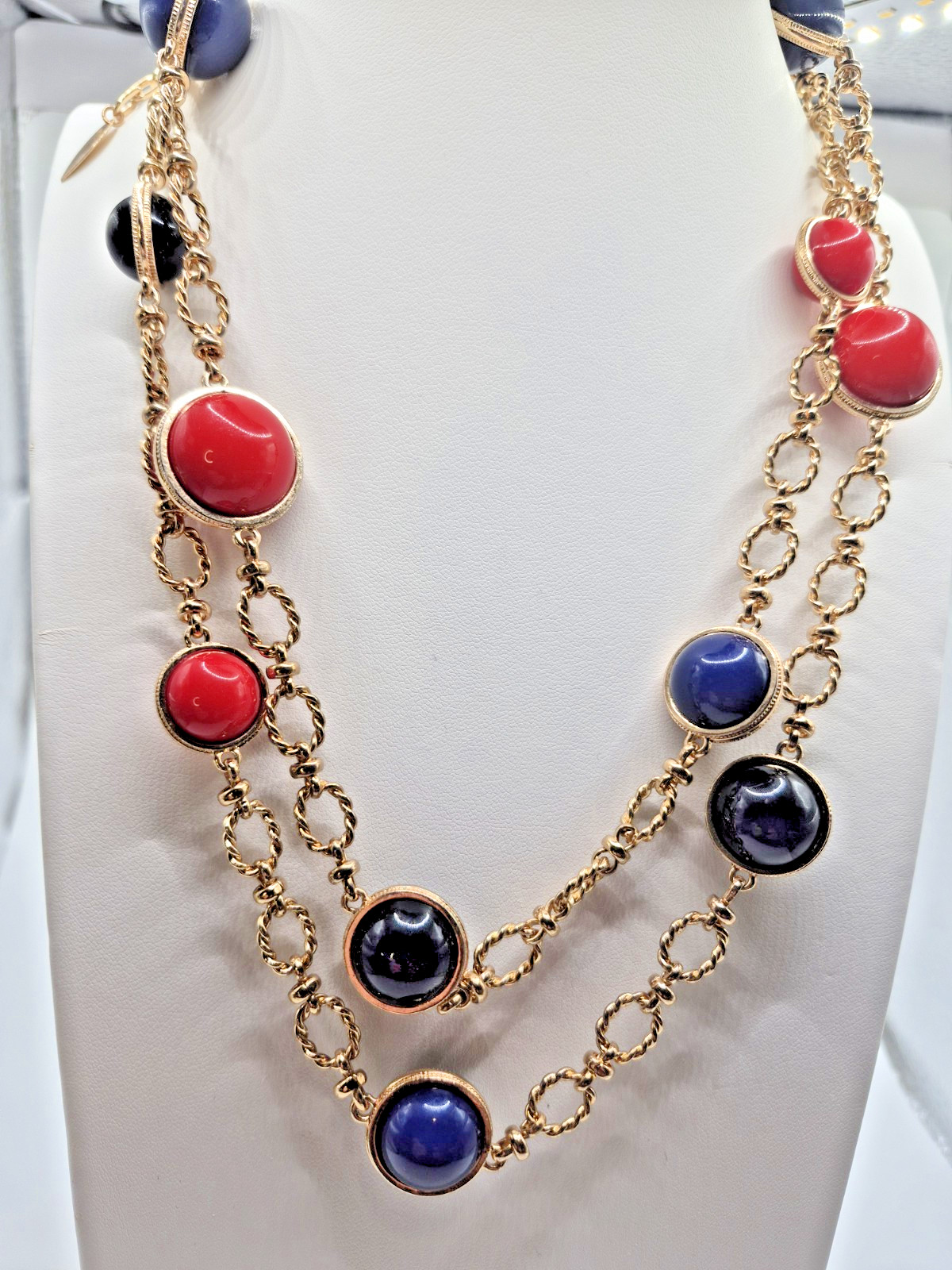 Long Necklace Goldtone Chain Red Blue Black Cabochons 42″to 45″ Coldwater Creek