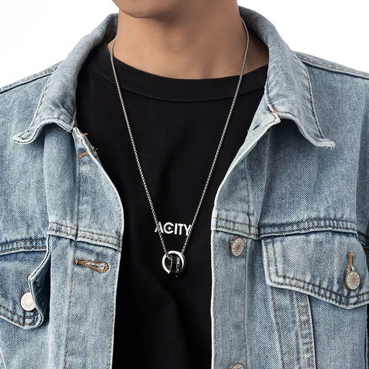 Interlocking Double Ring Stainless Steel Pendant Necklace Unisex Geometric Chain