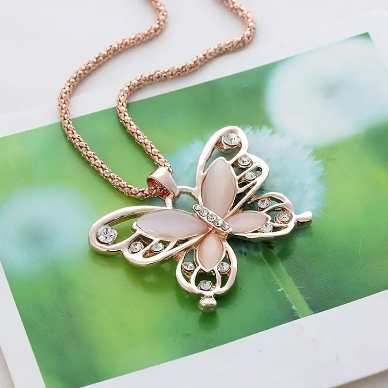 Butterfly Pendant Necklace Rose Golden Color Long Sweater Chain