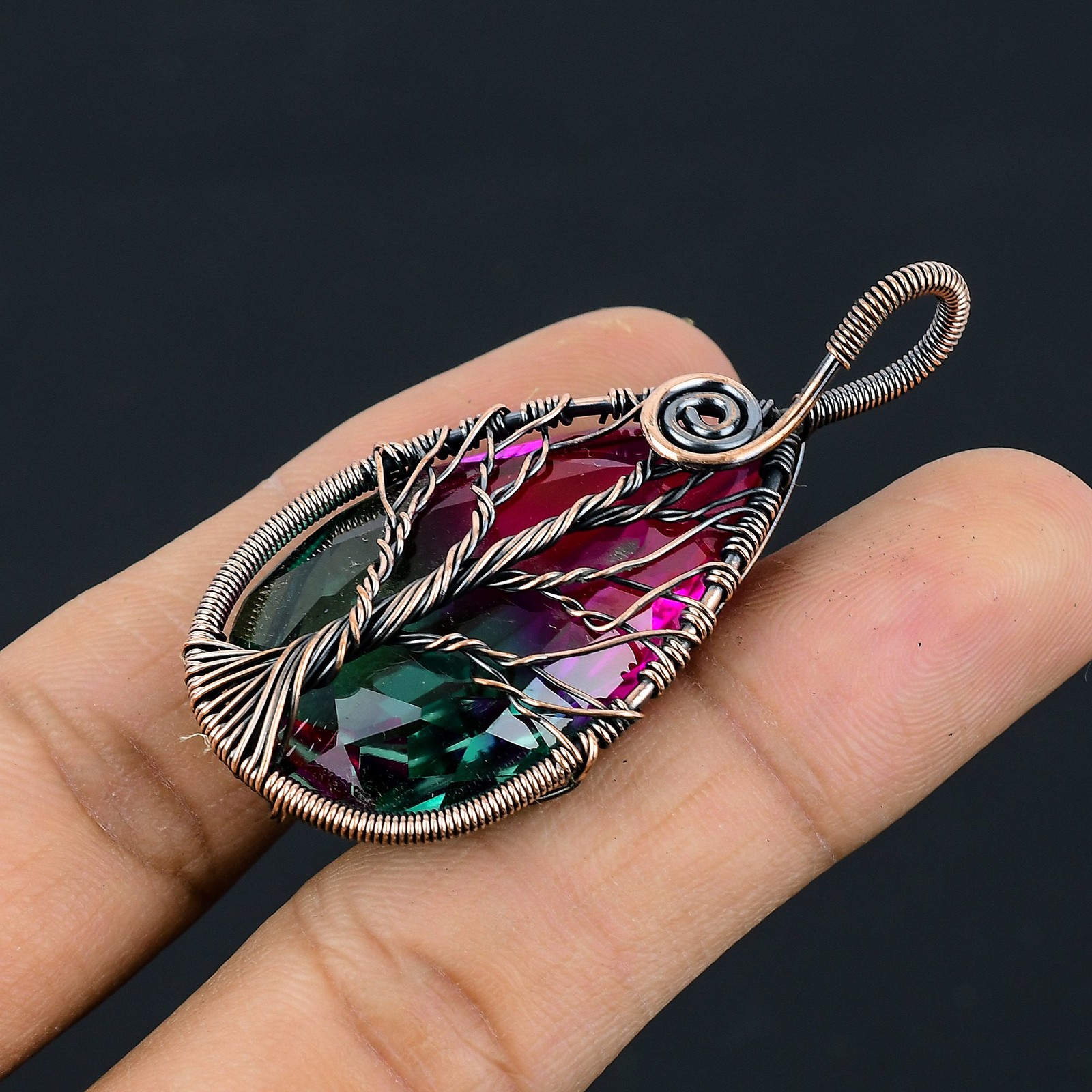 Bi Color Tourmaline Gemstone Copper Wire Wrap Jewely Pendant 2.2″ G558