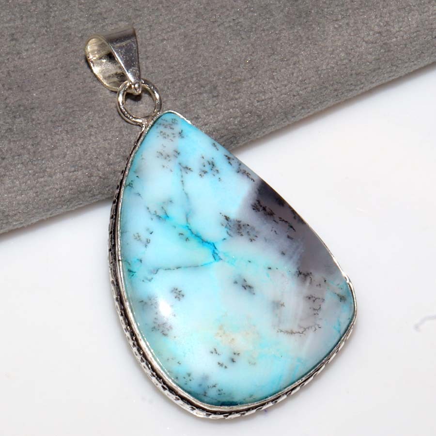 Marine Blue Dendritic 925 Silver Plated Pendant 2″ Limited Edition Design JW