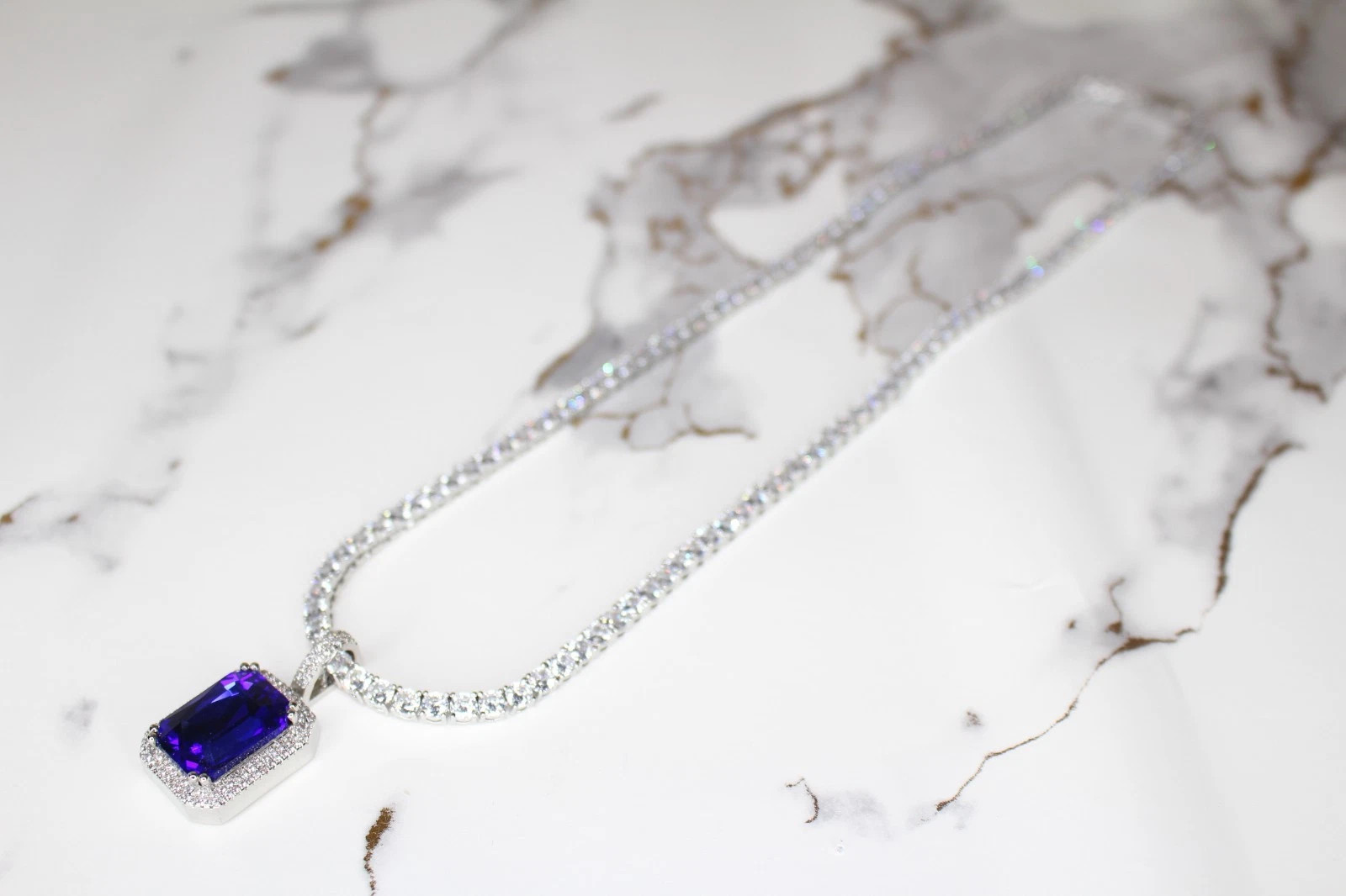 BLUE RUBY Sapphire Pendant Tennis 75.8ct Lab Sim Gem Diamond Chain Necklace