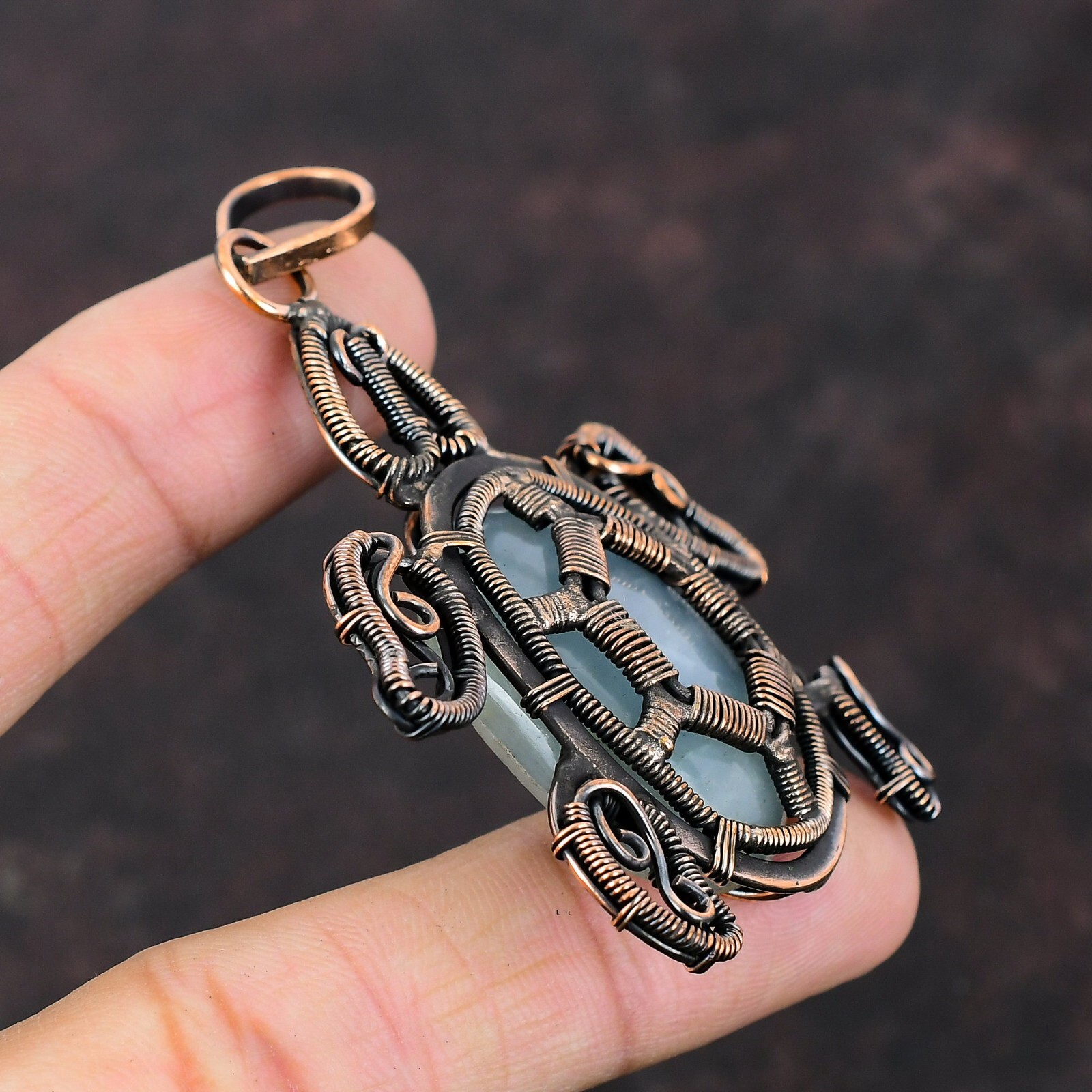 Aquamarine Wire Wrapped Tortoise Pendant Handcrafted Copper Gift Jewelry 2.95″