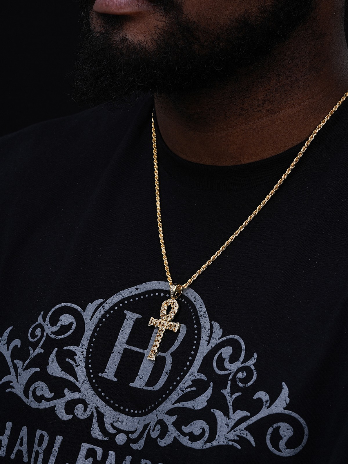 Ankh Cuban Link Cross 14k Gold Plated Solid 925 Sterling Silver Pendant 1ct CZ