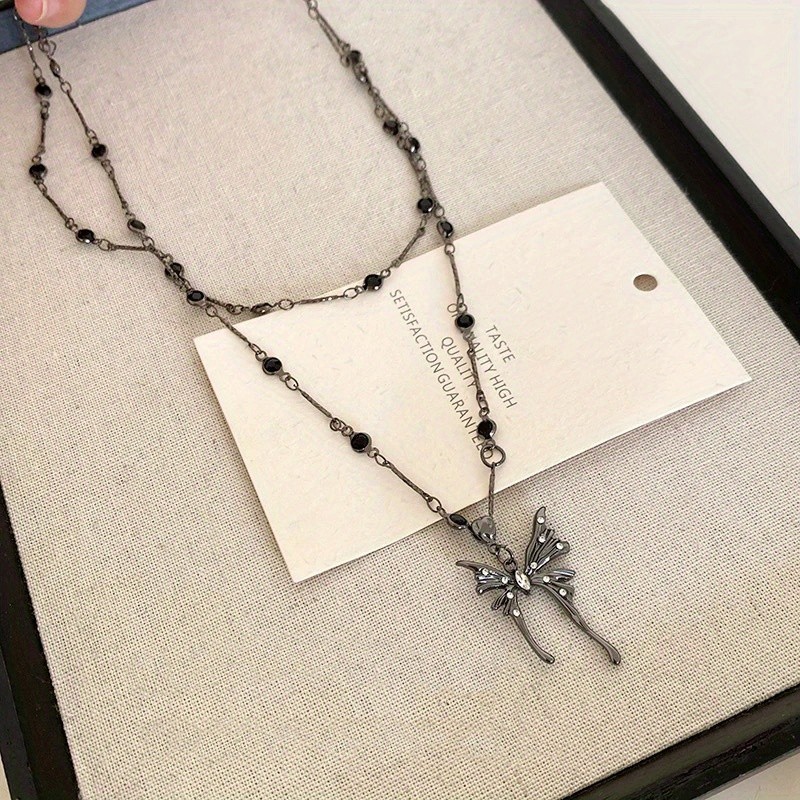 Women’s Dark Butterfly Pendant Necklace Double Layered Collarbone Chain Alloy