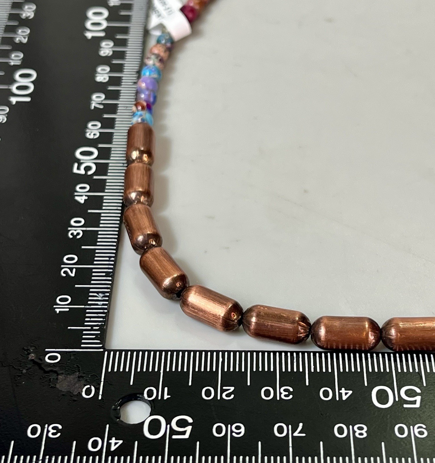 Sea Sediment Jasper Beaded Copper Barrel Bead Necklace Round Multicolor- 15 in