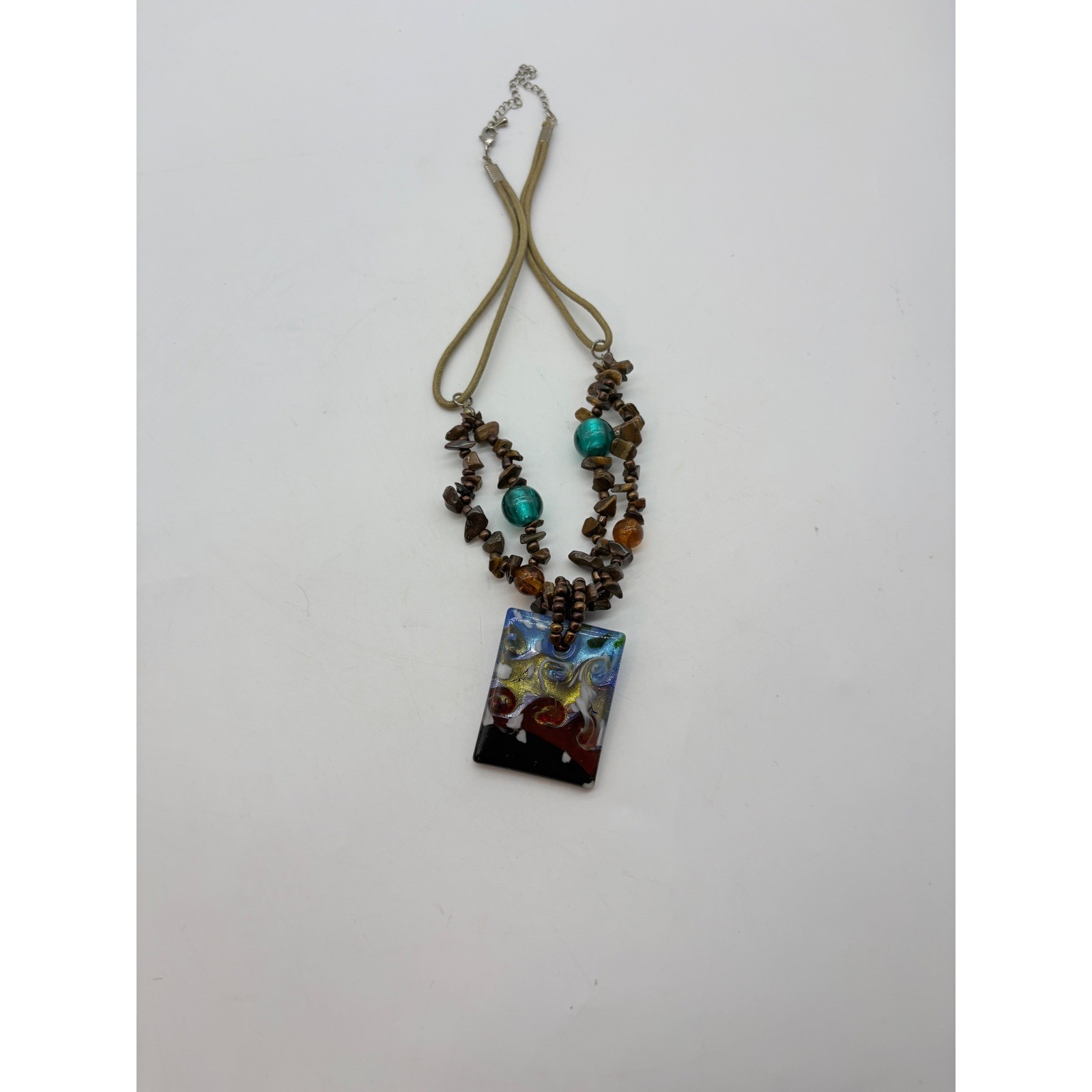 Bohemian Glass Pendant Necklace Stone Beads Colorful Abstract Art Jewelry 15in
