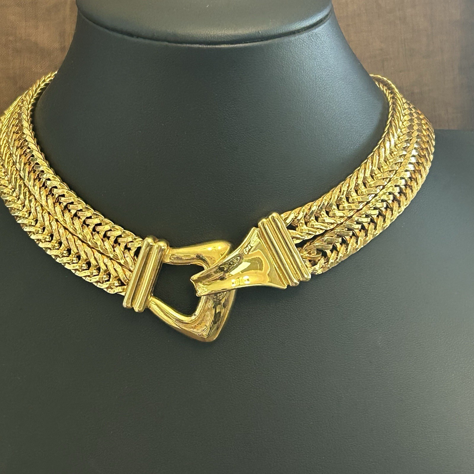Gold Tone Herringbone Chain Collar Choker Necklace Hook Closure Signed