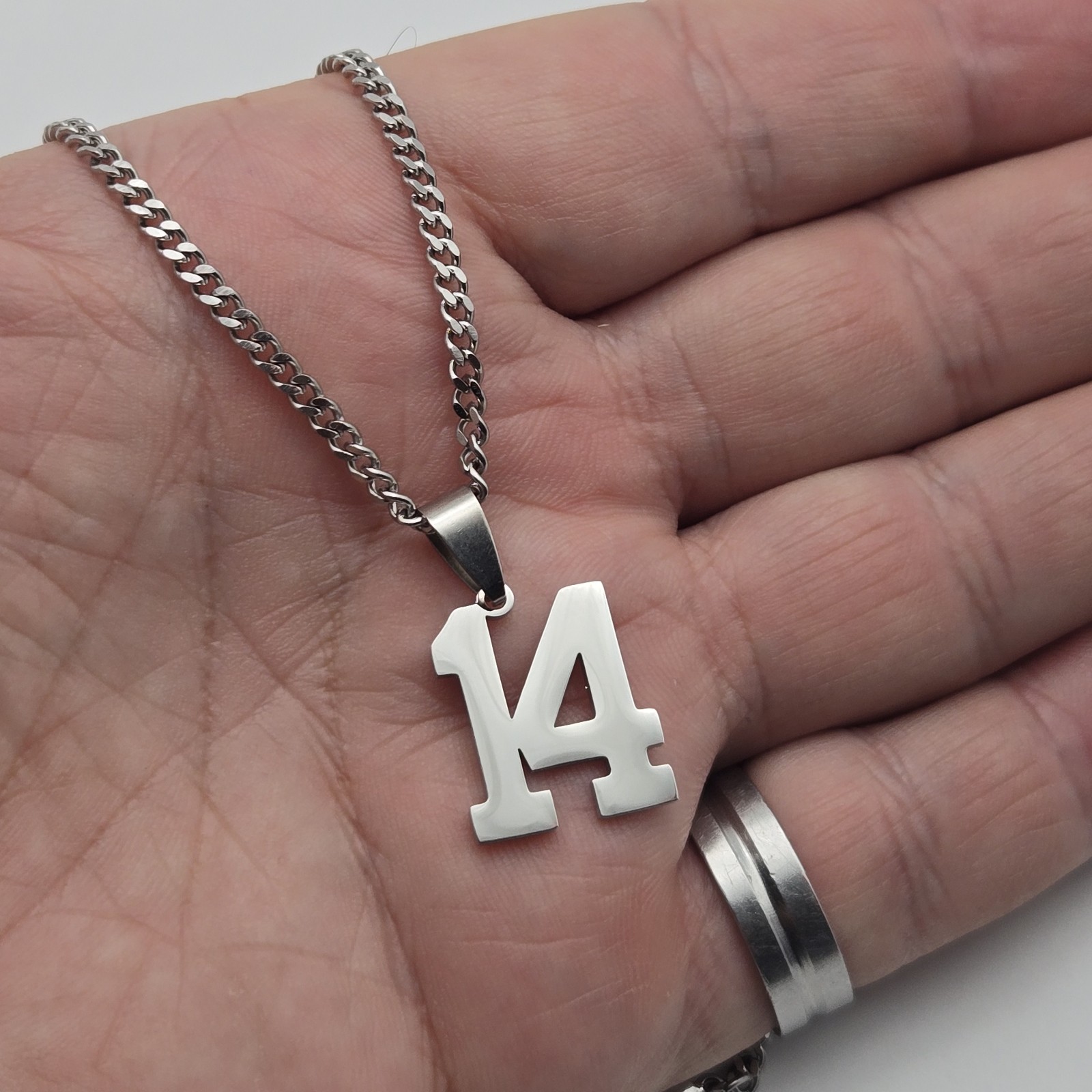 #14 BASEBALL FOOTBALL NUMBER Pendant Charm / 18″-24″ STAINLESS CHAIN NECKLACE