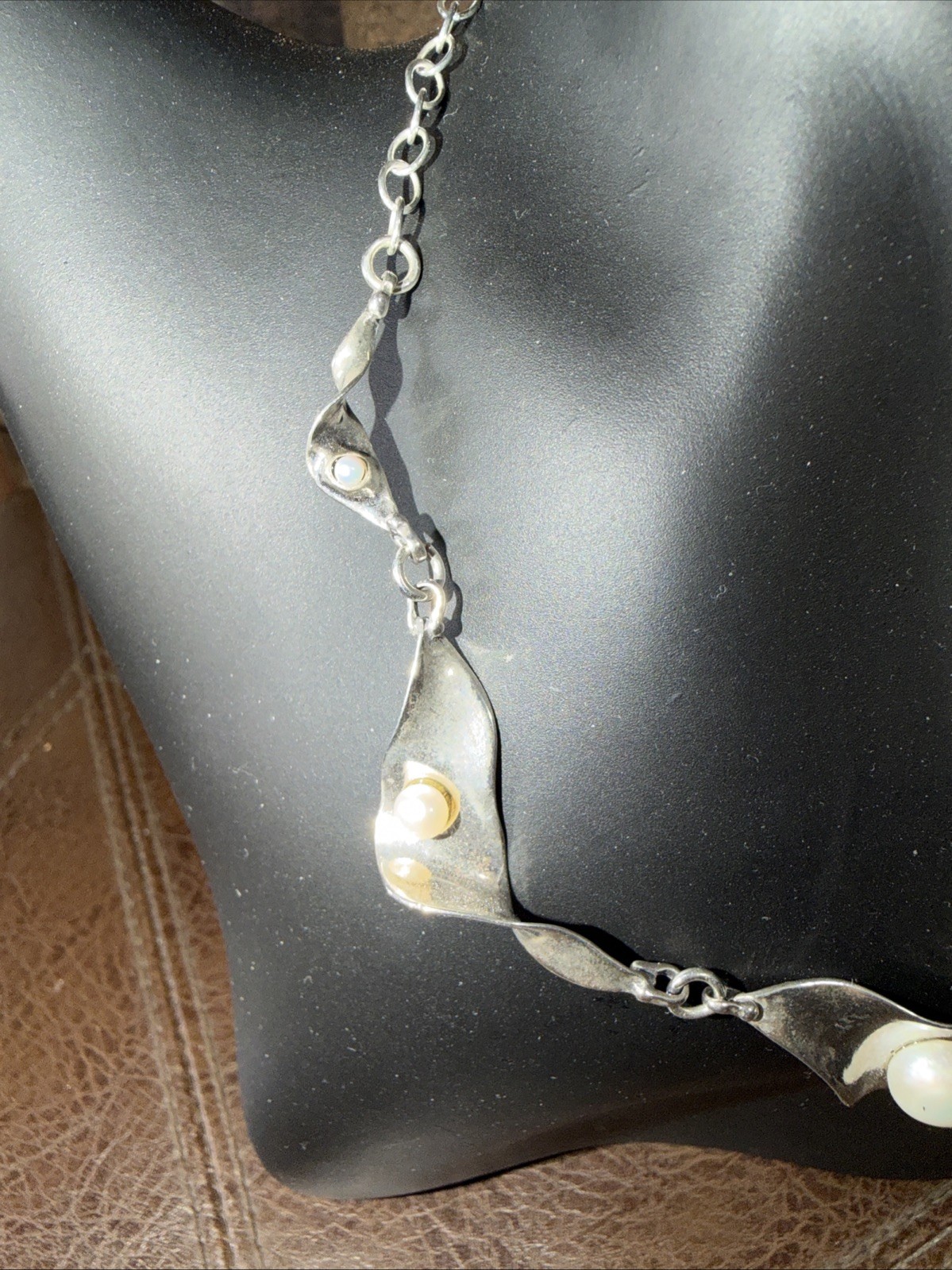 Daniel by Design Sterling Silver 925 Ribbon Wave Faux Pearl Choker Necklace 16”