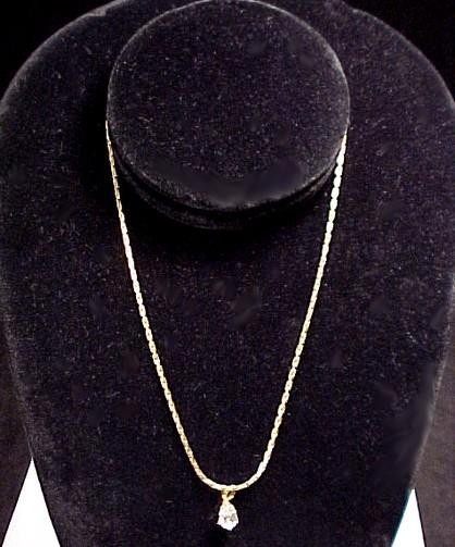 Cubic Zirconia CZ Teardrop Solitaire 15″ Pendant Necklace Goldtone Box Chain