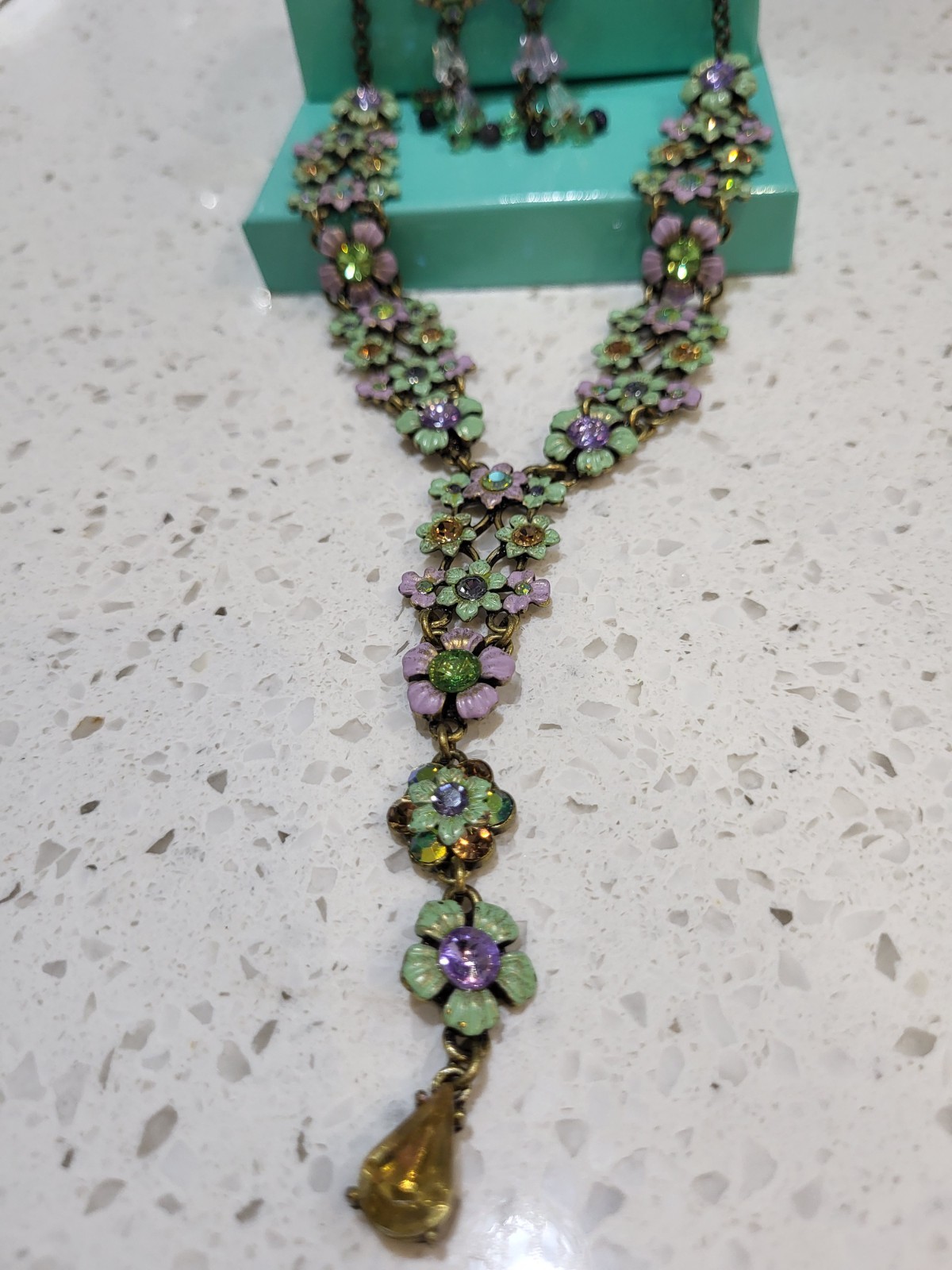 Vtg necklace, earring set Michael Morrison signed MX floral enamel with crystals