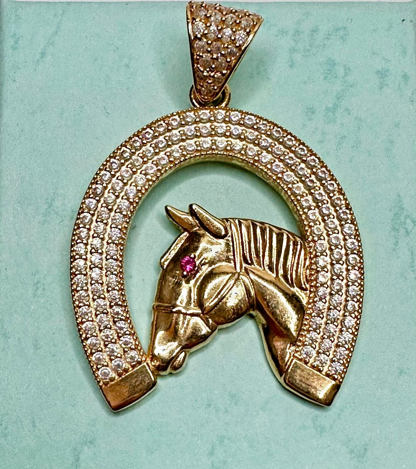 14K Yellow Gold Horseshoe Horse Head Pendant Cubic Zirconia/Ruby