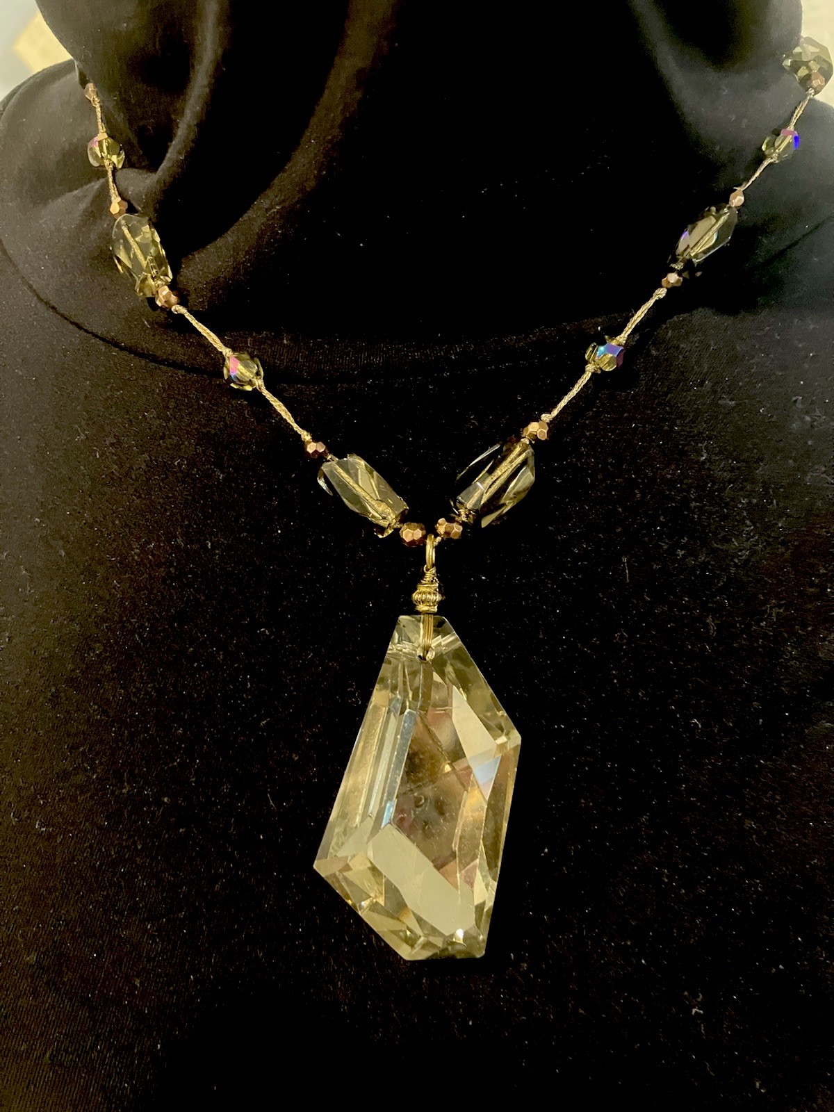 Asymmetrical Sparkling Smokey Crystal Pendant 17”-20” Crystal Bead Necklace VTG