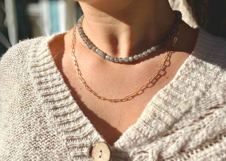 Labradorite 4mm Beaded Choker Healing Reiki Dainty Women Crystal Necklace Gifts