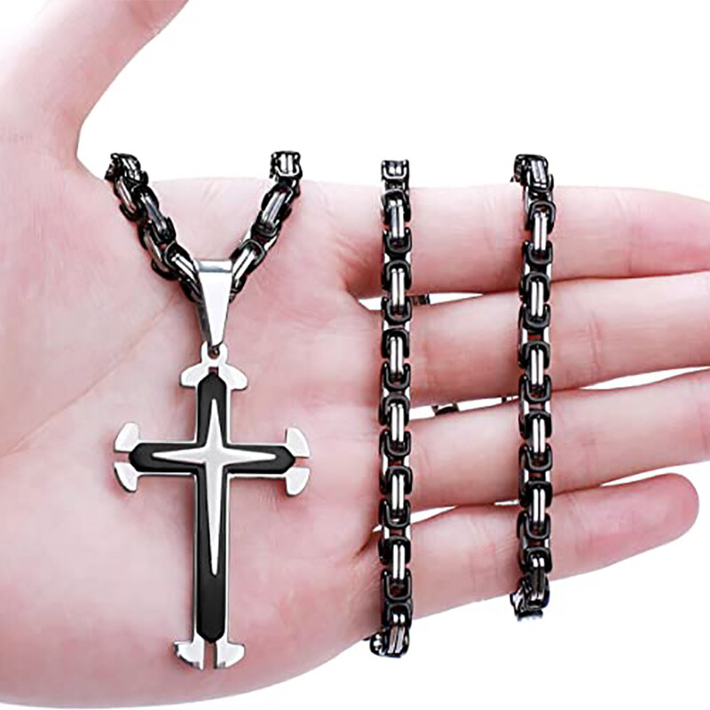 Mens Chain Silver Black Byzantine Box Stainless Steel Cross Pendant Necklace 22″