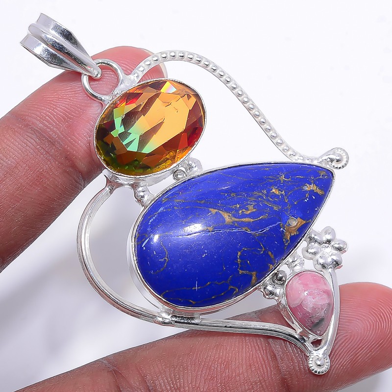 Lapis Lazuli & Bi Color Tourmaline 925 Silver Plated Pendant 2.73″ P3097