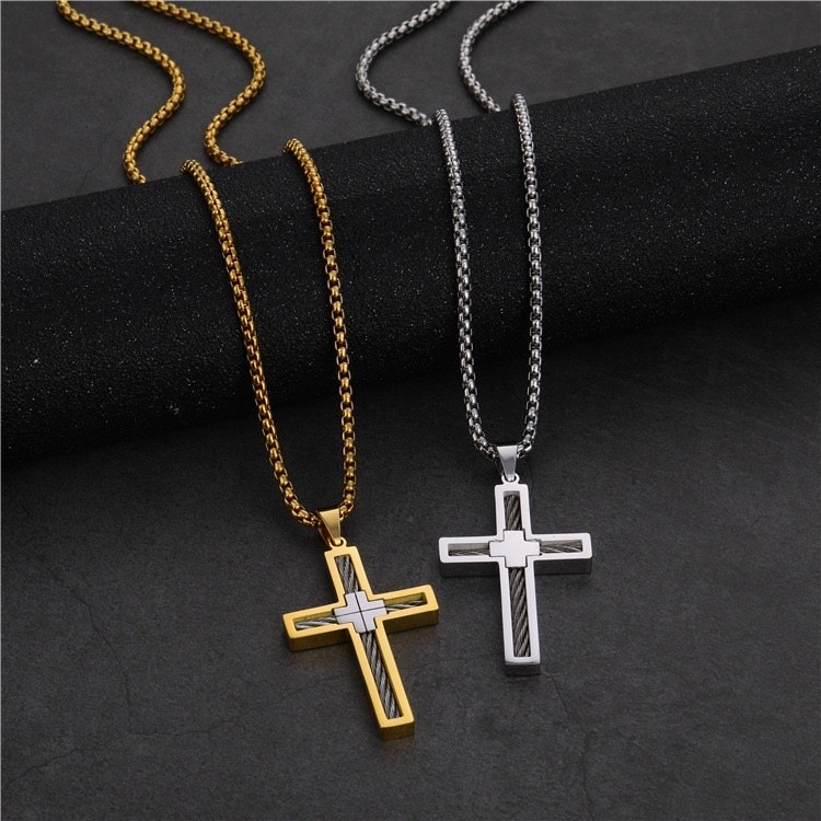 Mens Titanium Steel Cross Necklace Geometric Crucifix Pendant Gold Black Silver