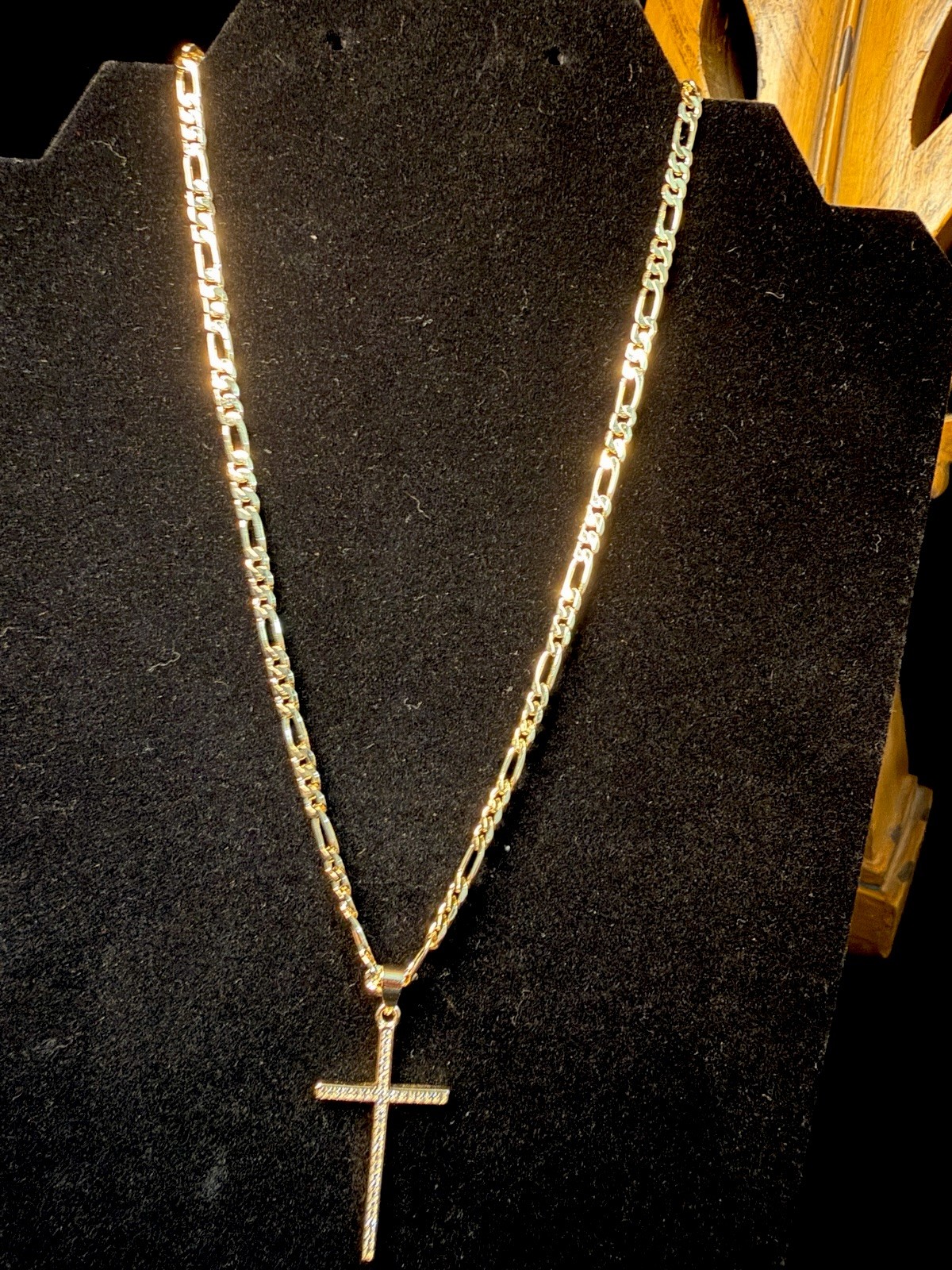 Dainty 18in 4MM Figaro Necklace Cross Pendant Religious 14K GP CZ Stones