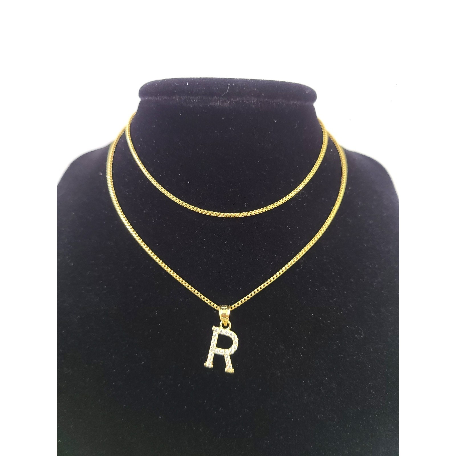 10K Gold Solid Franco Chain R Initial CZ Stone Pendant Set 1mm 16 18 20 22 Women