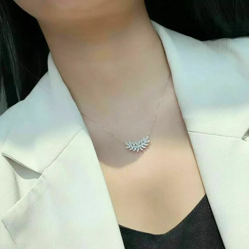 Leaf Shape Pretty Pendant 14K White Gold Plated 2Ct Round Cut Simulated Diamond